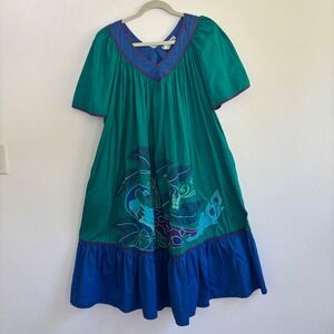 Vintage Southern Image Peacock Embroidered Muumuu Patio Dress Large L Green Blue